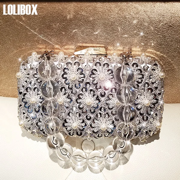 

LOLIBOX Flash Paillette Women Clutches Hand-sewn Pearls Box Female Bag Handbags Aslant Pack Women Evening Clutch Bags