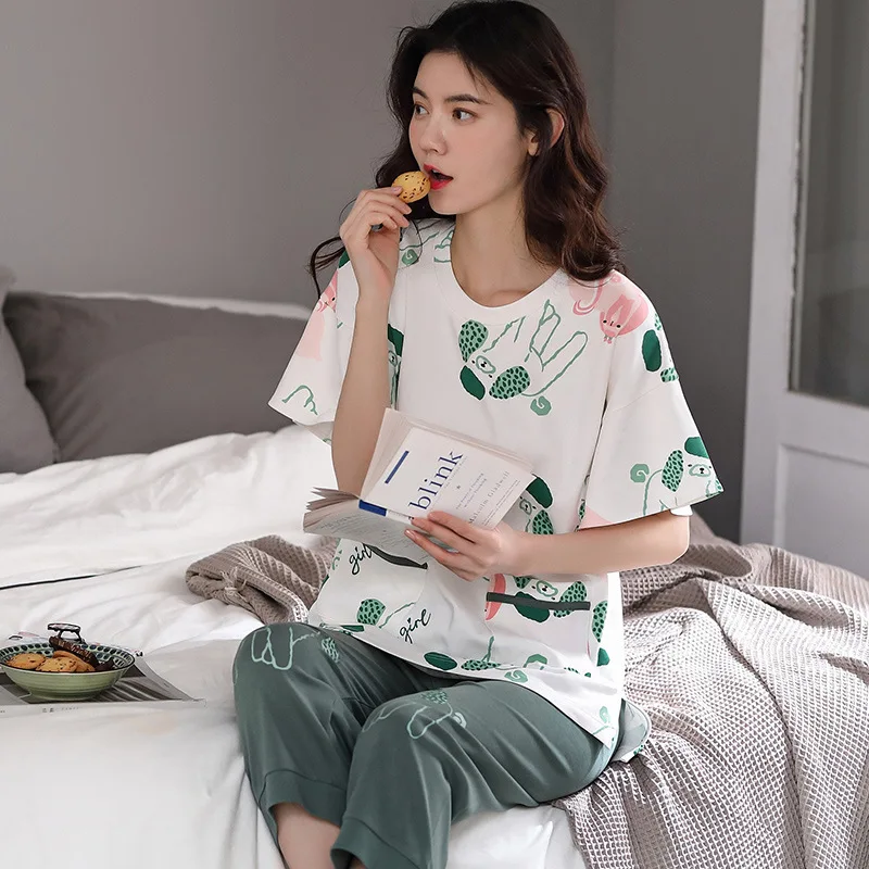 Printed Shirts and Pants Homewear Loose Cotton Pijama Women Spring Summer 2020 Casual Crew Neck Short Sleeve  Pajamas