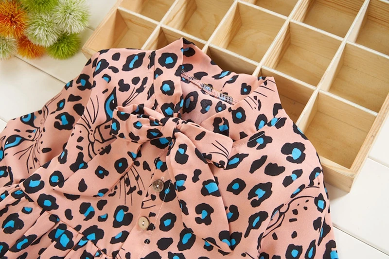 Hot Sale Kids Baby Leopard Print Dress Toddler Girls Ruched Dresses Bowknot Cartoon Long Sleeve Button Casual Clothes Vestido