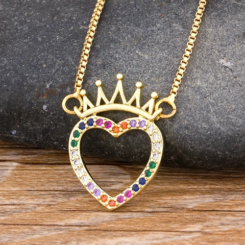 Fashion Colorful Copper Zircon King Pendant Necklace Charm Heart Shape Chain Necklaces Best Party Bar Wedding Jewelry Gift