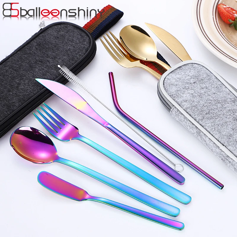 

BalleenShiny 7pcs/set Tableware Set Stainless Steel Portable Kitchen Dinnerware Set with Bag Spoon Fork for School Picnic BBQ