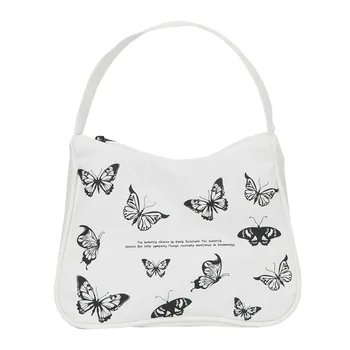 

Girls Sweet Butterfly Print Underarm Handbag 2020 Female Teenager Korean Portable Canvas Small Cute White Black Handbag Bag