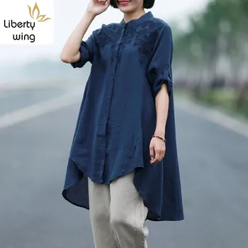 

Summer Literary Embroidery Cotton And Linen Vintage Womens Shirts Asymmetrical Medium Length Sunscreen Female Open Stitch Shirt