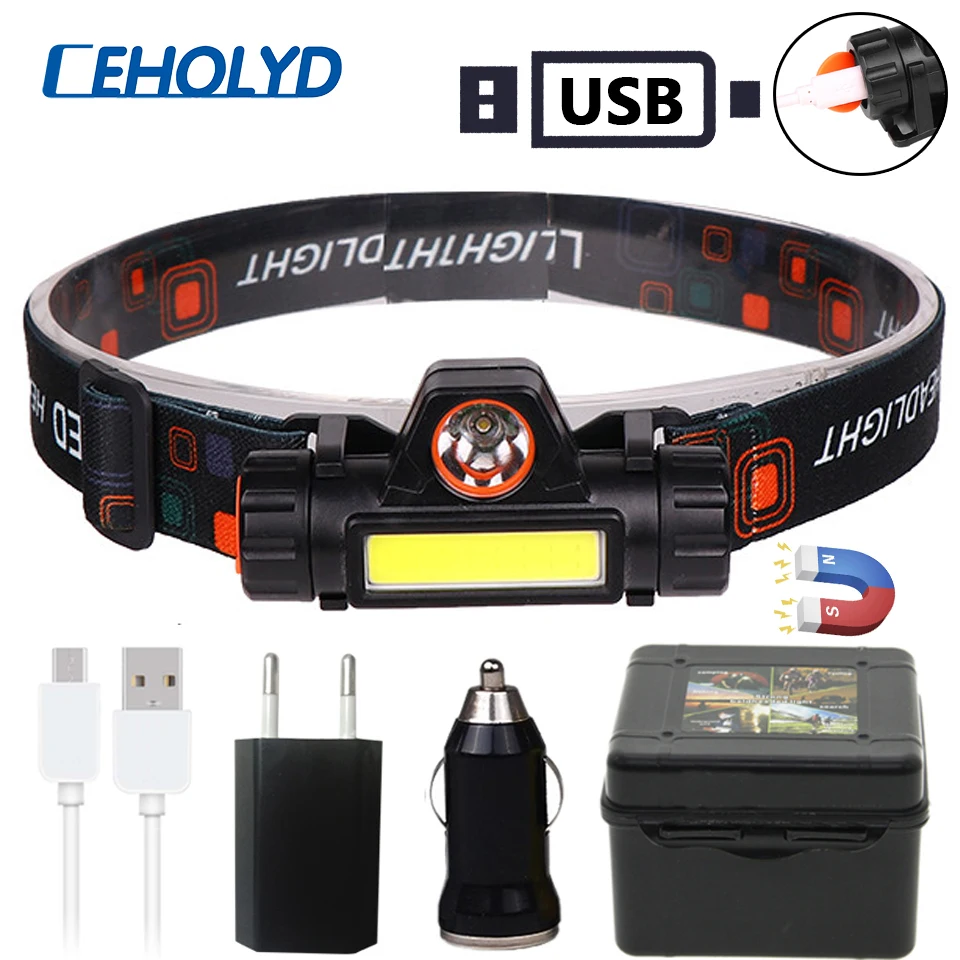 XP G Q5 встроенный USB 18650 перезаряжаемый аккумулятор светодиодный налобный фонарь COB