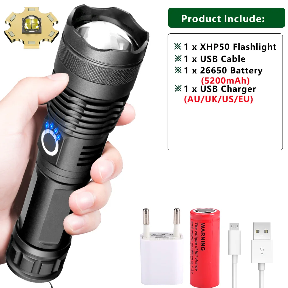 XHP50 LED Flashlight USB Charging Telescopic Zoom 5 Modes Emergency Torch ♞ 