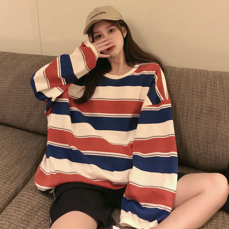 

Waitmore Stripes Hoodie Female Spring and Autumn Loose Korean-style INS Laziness Wind BF Thin CHIC Super Fire CEC Coat