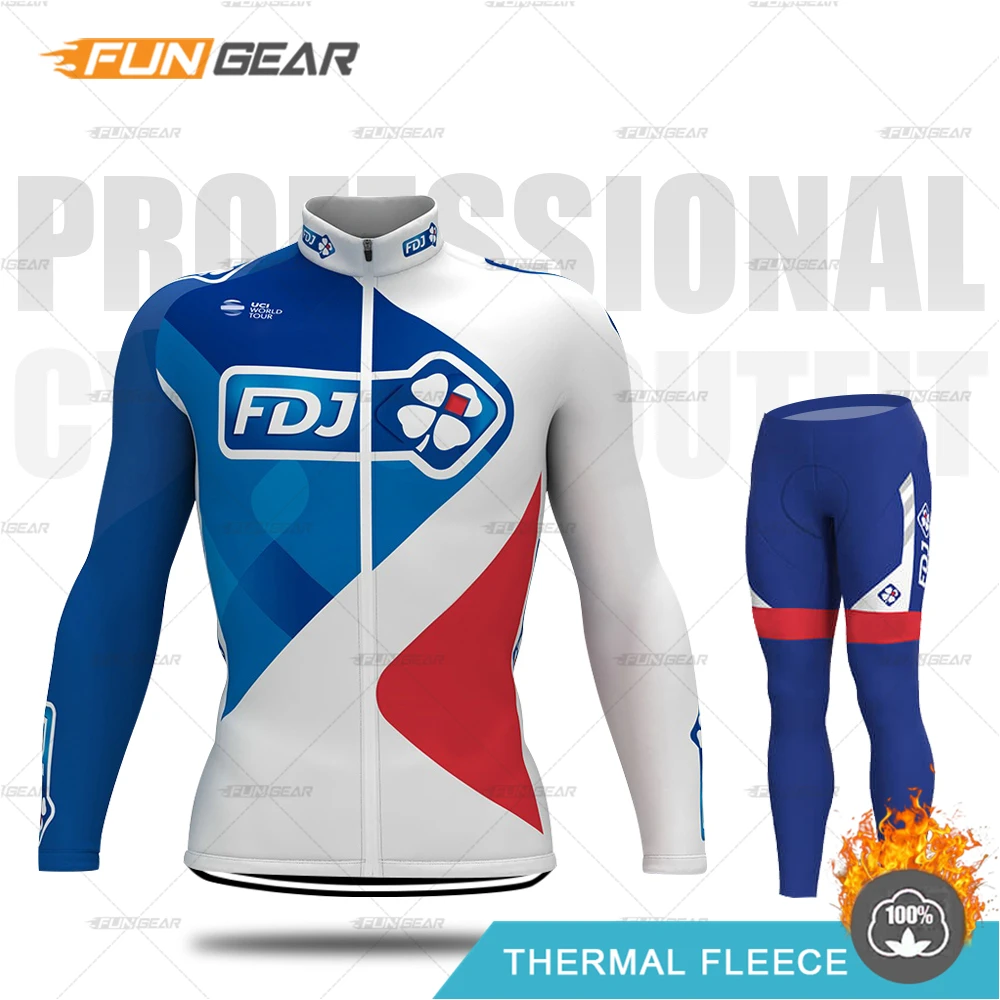 FDJ, зимний комплект из Джерси с длинным рукавом для велоспорта, профессиональная команда, одежда для велоспорта, Теплая Флисовая одежда для горного велосипеда, Мужская одежда для шоссейного велосипеда - Цвет: NORMAL SET
