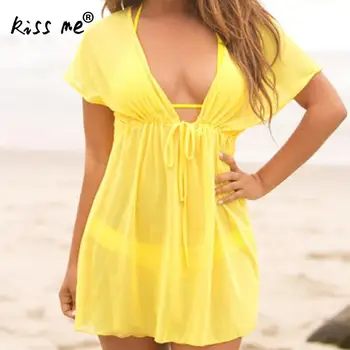 

Solid Deep V Sexy Swimsuit Cover Ups Female Short Beach Dress Sarong Tunic Wrap Women See Through Bikini Cover Up Bathing Suit