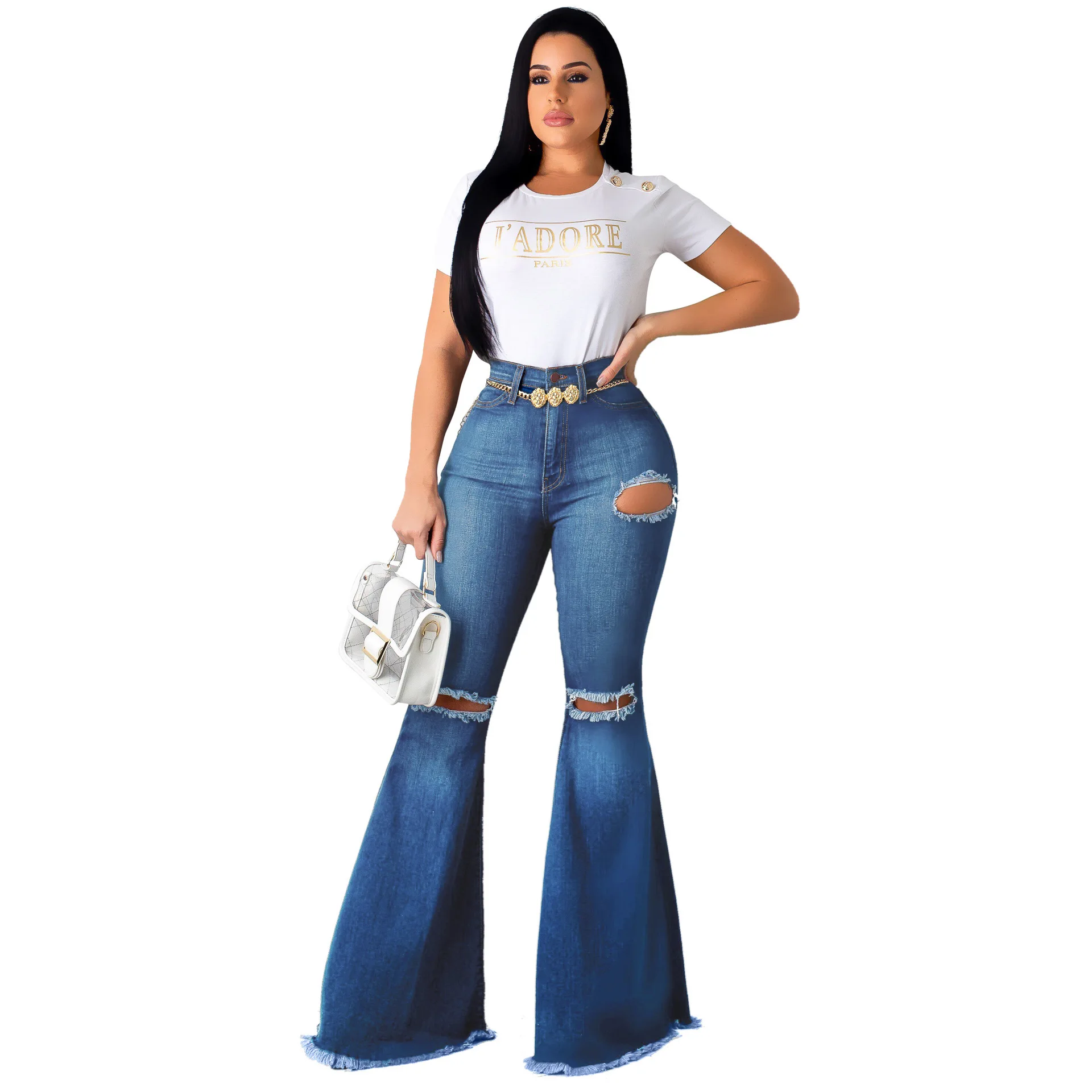 Pantalones vaqueros Retro elásticos de cintura alta para mujer, Jeans de  pierna ancha con agujeros, levantamiento de glúteos, Retro, europeo y  americano - AliExpress Ropa de mujer
