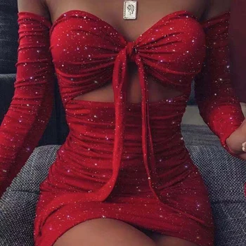 

Missord 2020 Womem Bra Off Shoulder Long Sleeve Glitter Dresses Female Elegant Hollow Out Mini Bodycon Dress MQ20301