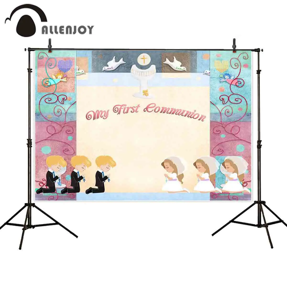 Allenjoy Child Baptism Party Decor Watercolor Boys Girls Pigeon Heart Angel My First Communion Wallpapers Baby Shower Backdrops | Дом и сад