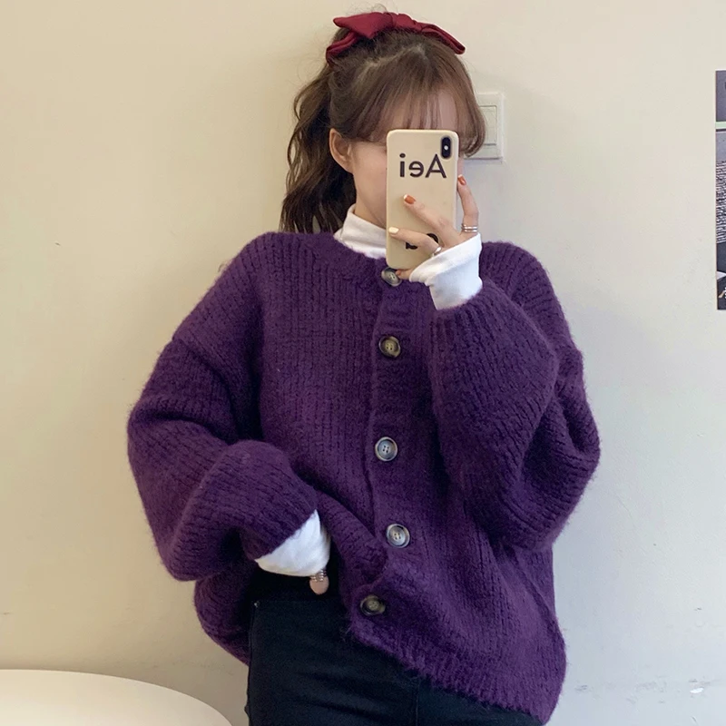 Purple Sweater Ins Women's Mori Gentle Cardigan Coat Fall and Winter Outer Wear Student Thickened Knitting Top Idle Style | Женская
