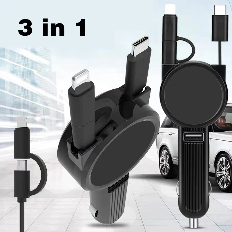 3 в 1 Автомобильное зарядное устройство для Samsung iPhone Android Micro USB Type C портативный
