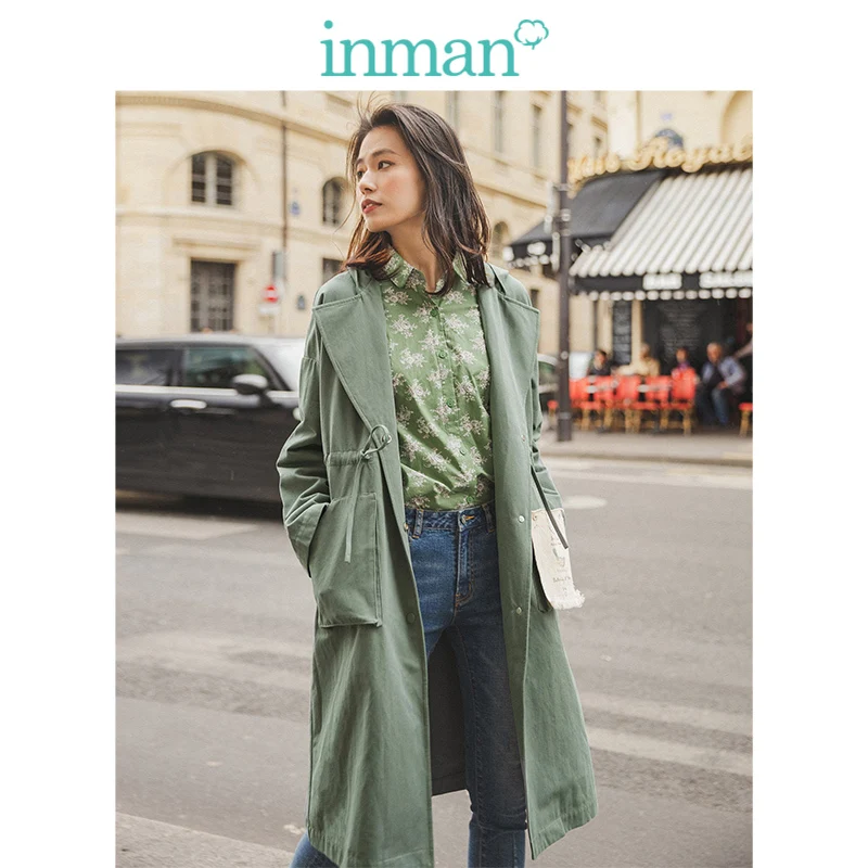 Koop Inman Lente Herfst Solid Katoen Hooded Turn Down Kraag Pocket Mode Vrouwen Jas