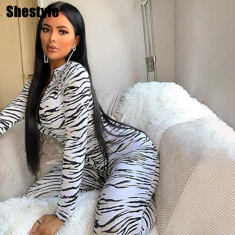 Shestyle White Tiger Skin Print Jumpsuits Women Zipper Bodycon Sexy Autumn Long Sleeve Mock Neck Sexy Wild Girl Jumpsuit Clothes Shestyle White Tiger Skin Print Jumpsuits Women Zipper Bodycon Sexy Autumn Long Sleeve Mock Neck Sexy Wild Girl Jumpsuit Clothes