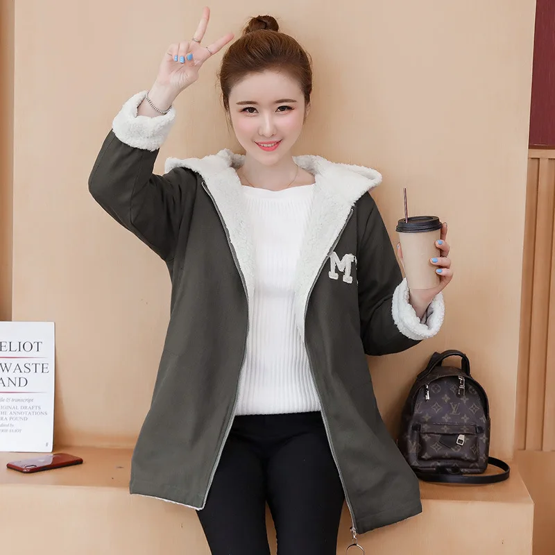 

2019 New Style Korean-style Loose And Plus-sized WOMEN'S Dress Students Mid-length Lambs Wool Cowboy Hooded Cotton Coat