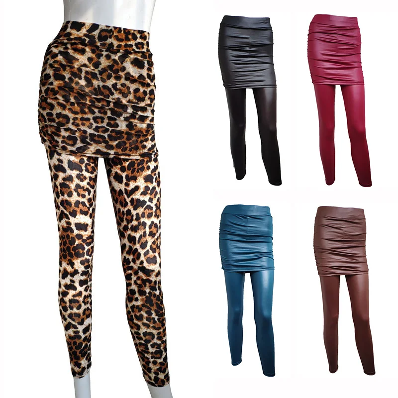 New 2021 Plus Size PU Leggings Women High Waist Pantskirts Black Faux Leather Leopard Office OL Ladies Sexy Budskirt Pants Red