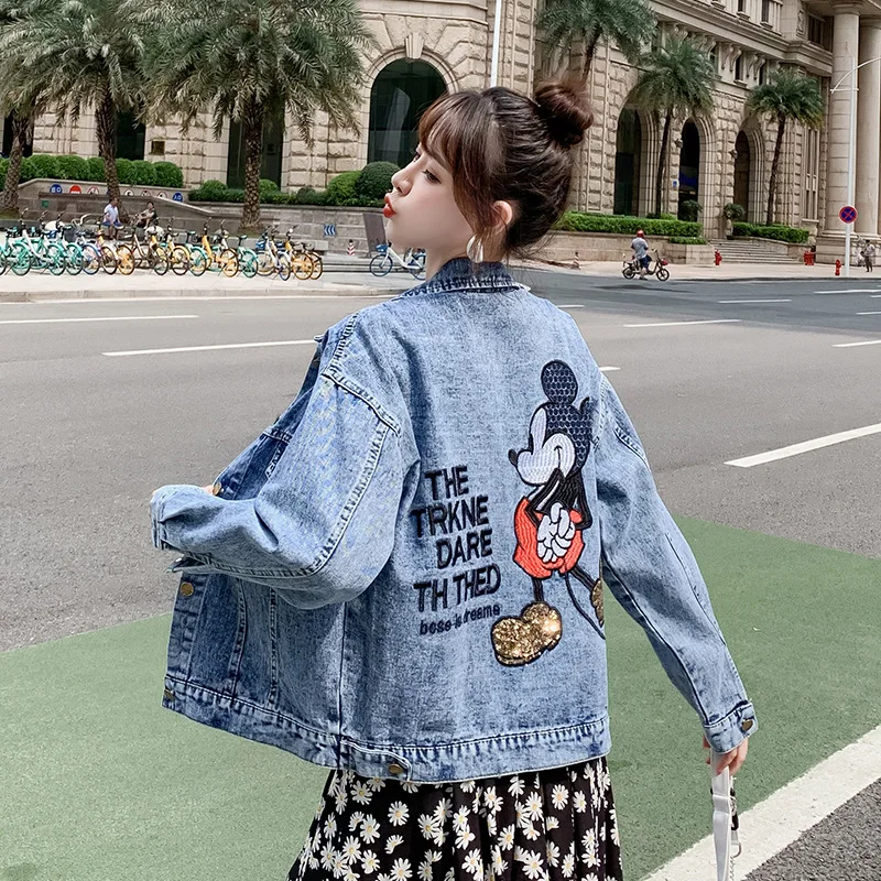 Disney-chaqueta vaquera de Mickey Mouse para mujer, chaqueta vaquera holgada y con lentejuelas bordadas, Top de animados, y otoño - AliExpress