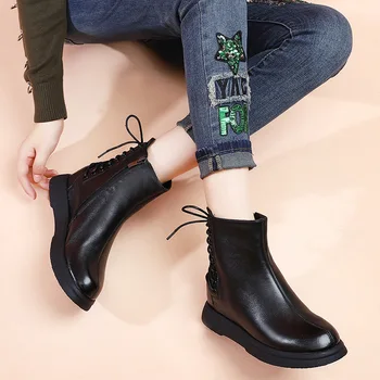 

2019 Fashion Ladies Leather Martin Boots Spring and Autumn New High-top Soft Bottom High-heeled Round Head Design Casual Boots