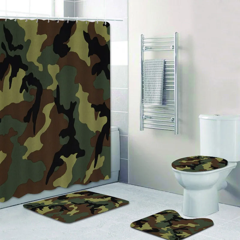 

Green Military Camouflage Army Camo Print Bathroom Curtains Shower Curtain Set Woodland Hunting Bath Mats Rugs Toilet Home Decor