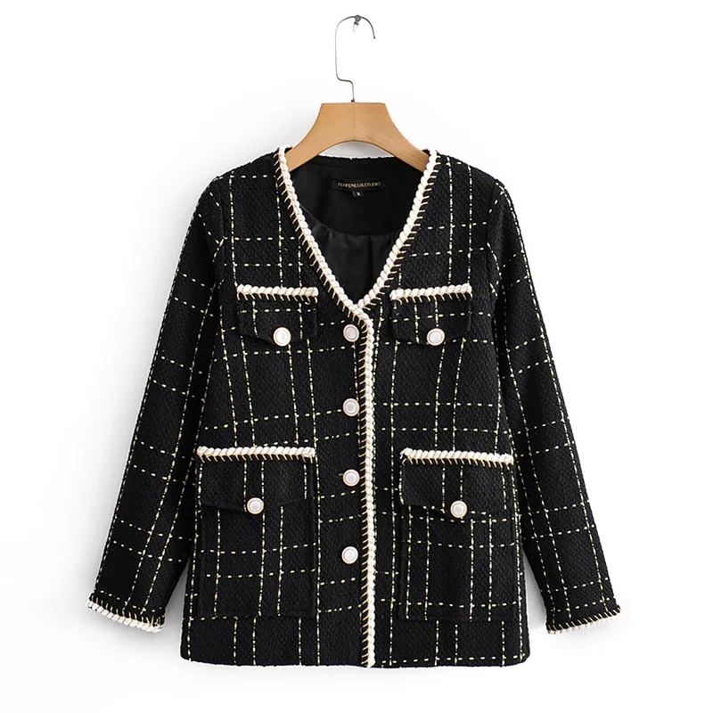 

vintage stylish pockets single breasted tweed jacket coat women 2019 fashion long sleeve ladies outerwear casual casaco femme