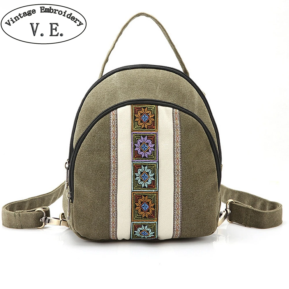 

Summer Women Small Backpack Vintage Simple Embroidery Canvas Backpacks Mini Schoolbag Rucksack Travel Beach Shoulder Bags