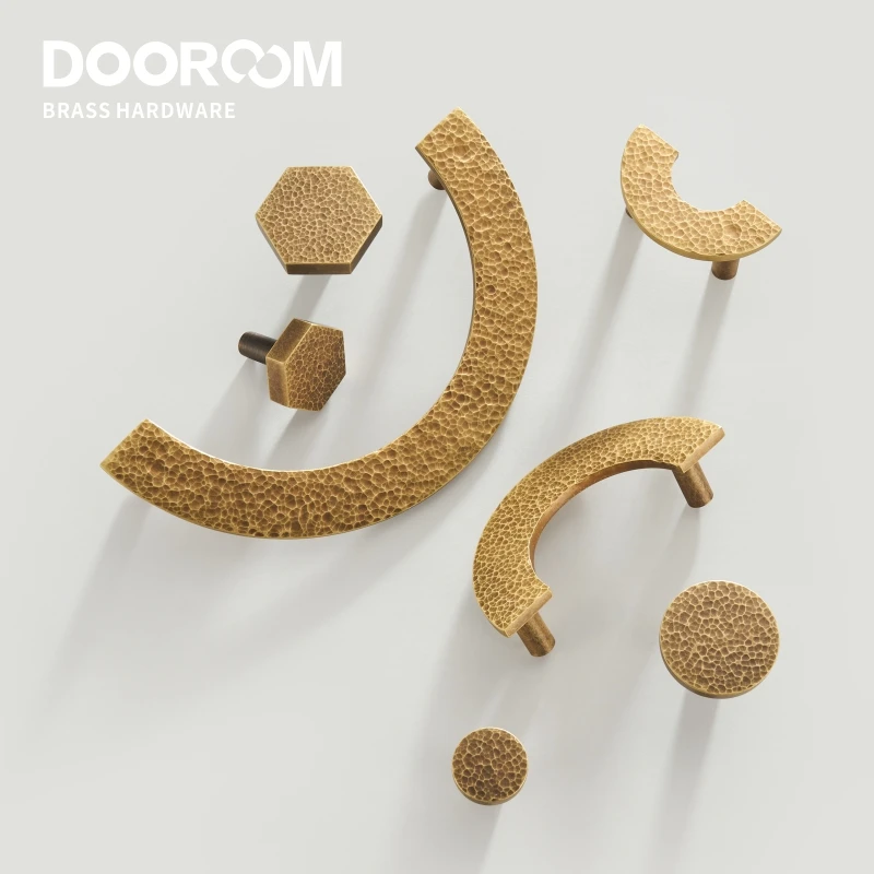 Dooroom Brass Furniture Handles Modern Hammered Round Hexagon Pulls Wardrobe Dresser Cupboard Cabinet Drawer Wine Bar Knobs