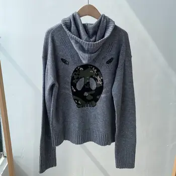 

Women Knitted Hooded Cardigan 100% Cashmere Skull Print Beadings 2020 New Long Sleeve Loose Zipper Sweater Female Knitwear Top