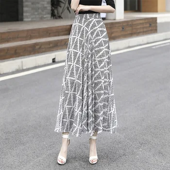 

1pcs Women's plus size A-line skirts 2020 Summer New Fashion Chiffon prints plaid Splicing Irregular Ladies Skinny long skirts