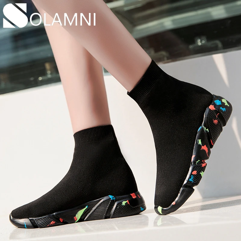 

High Top Sneakers For Women Vulcanized Shoes Female Socks Shoes Trainers Women Slip-on Stretch Platform Shoes Black Camo Sneaker
