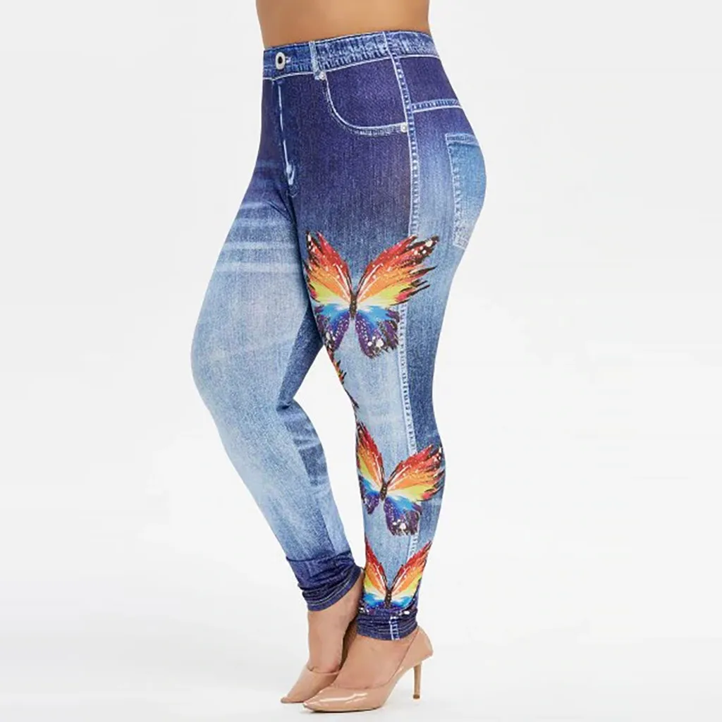 Женские облегающие джинсы с принтом бабочки размера плюс, длинные штаны, женские повседневные обтягивающие джинсовые брюки, Эластичные Обтягивающие штаны, сексуальные джинсы, Новинка