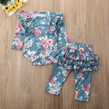 

Pudcoco Newborn Baby Girl Clothes Flower Print Long Sleeve Ruffle Romper Tops Long Pants 2Pcs Outfits Cotton Clothes