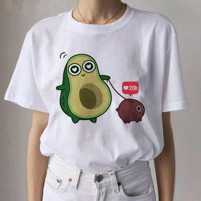 

Women Unisex T shirts Cute Avocado Print O Neck T Shirts Fashion Tees Tops Summer Clothing Outwear Lovely Style White Color