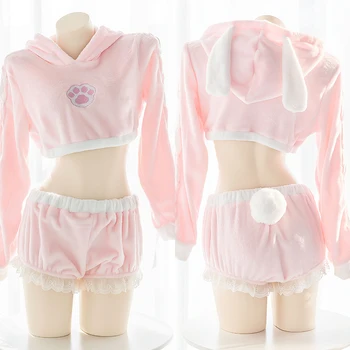 

Sexy Sweater Pink Bunny Girl Cute Plush Homewear Lolita Ultrashort Hollow Hoodies Shorts Rabbit Tail Sleepwear Top and Panty