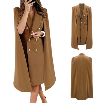 

New Women's Elegant Lapel Sleeveless Special Cloak Mini Dress Double-Breasted Cape Blazer Coat Solid Color Windbreaker