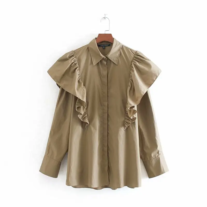 Vente Femmes haute rue couleur unie plis en cascade volants décontracté blouse blouse chemises femmes à manches longues blusas femininas hauts LS4252