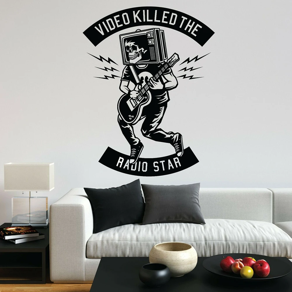 Music Indstrument Skull Wall Decals Quotes Video Killed The Radio Star Sticker Removable Home Room Decoration Design X315 | Дом и сад