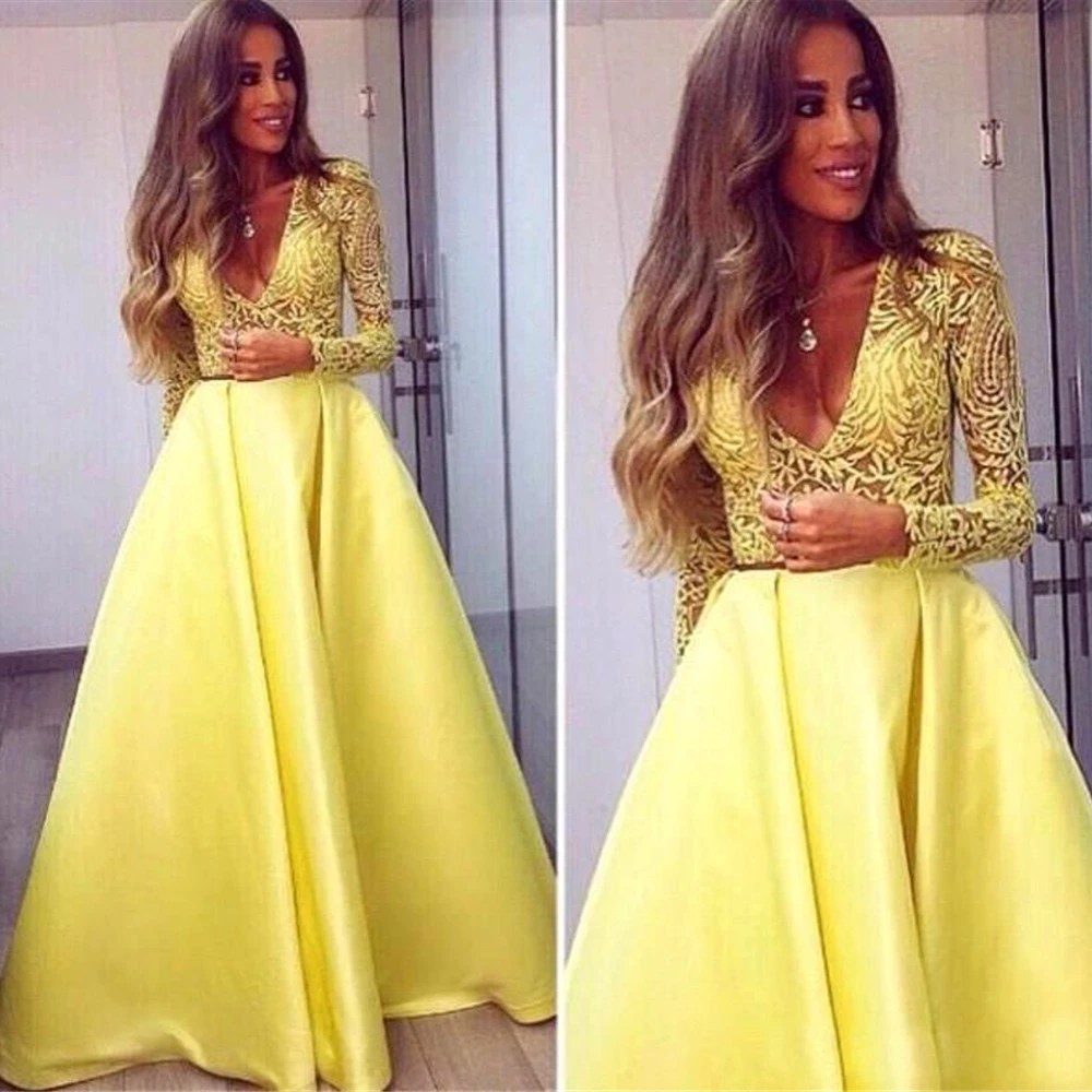 Lace Satin Formal Dresses Yellow NONE Train Prom Party Gown V-Neck Long Sleeve Evening Dress Floor-Length Custom | Свадьбы и