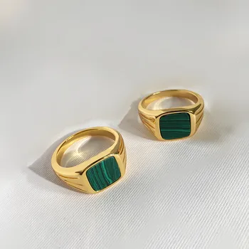 

925 Sterling silver Natural Multicolor Gem Stones ring Gold Color geometric square green stone Finger Ring wedding party jewelry