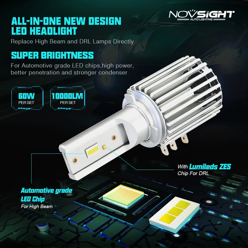 NOVSIGHT светодиодный H15 головная лампа 60 Вт 10000лм Беспроводная Автомобильная фара со