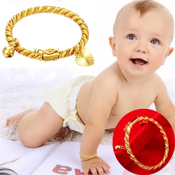 

Small Bangle for Girls/Baby Gold Color Charm Beads Bracelet Small Bell/Heart Jewelry Child Party Gifts