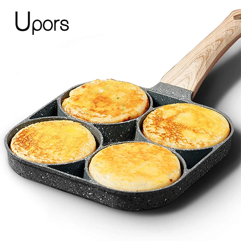 UPORS – poêle à frire antiadhésive à 4 trous pour petit déjeuner, hamburger, oeuf, crêpière à manche en bois, pierre médicale, poêle à omelette à quatre trous