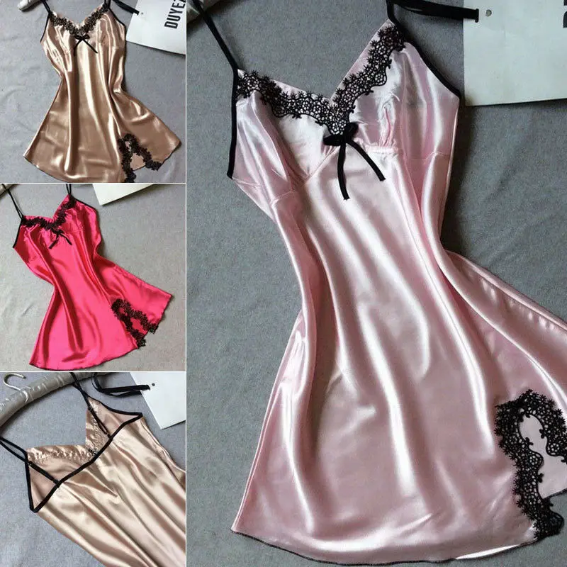 2019New женское атласное шелковое ночное белье, платье с v-образным вырезом, ночное белье, ночная рубашка с бретельками, с открытой спиной, с разрезом, однотонное платье