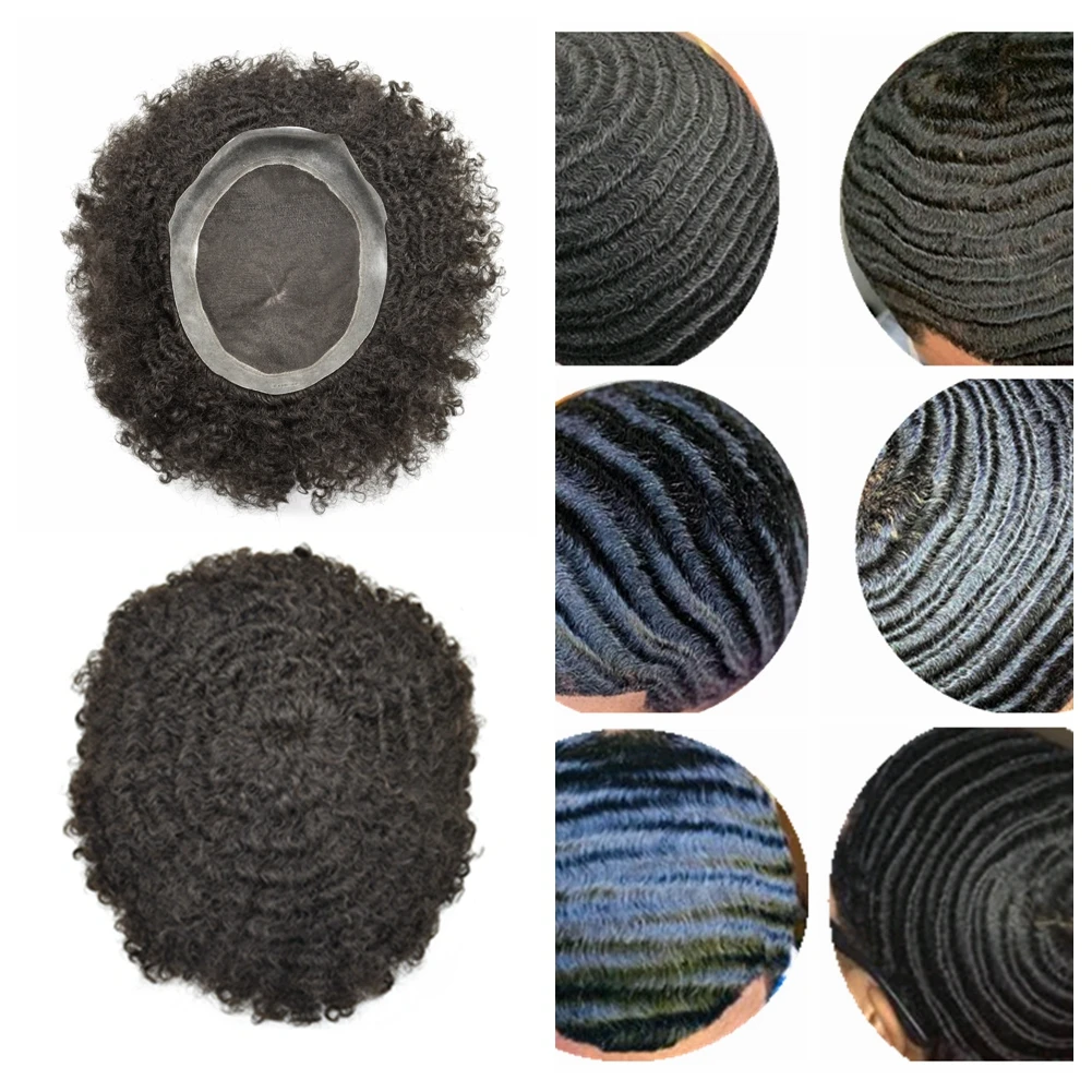 

10mm Wavy Afro Black Men Toupee Kinky Curly Wig French Lace African America Human Hair System Thin Skin Around Afro Wavy