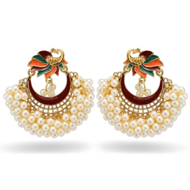 Bollywood Ethnic Bridal Bride Kundan Earrings Peacock Pearls Jhumka Jhumki Indian Bahubali Drop Earrings Fashion Jewelry E