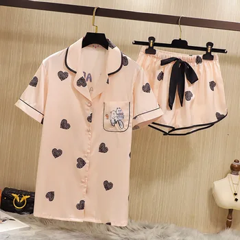 

QWEEK Pyjama Satin Femme Femme Pijama Nina Verano 2020 Summer Pajamas for Women Two Piece Set Women Home Clothes