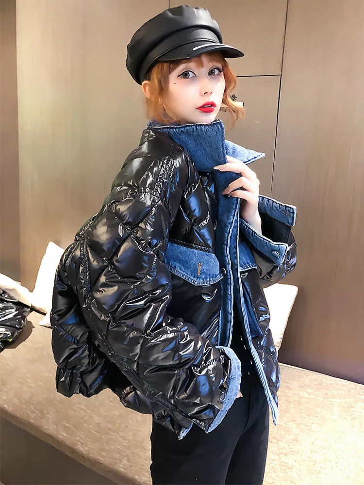 

2023 Winter Splicing Down Padded Jacket Women Short Denim Collar Cotton-padded Jacket Loose Single-breasted Parkas Jacket Coat