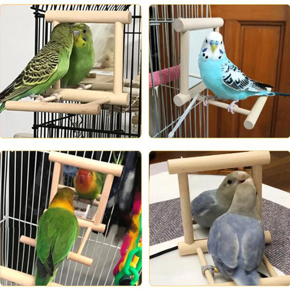 Bird Mirror with Wooden Perch Interactive Hanging Toy for Parrot Budgie