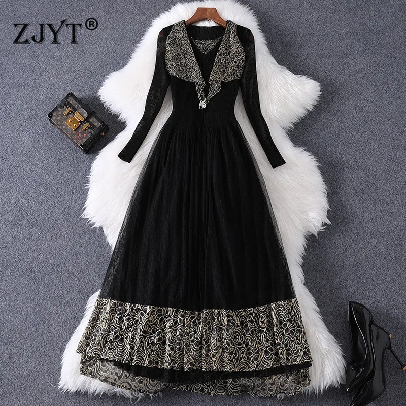 

2020 New Fashion Designer Spring Dress Women's Elegant Long Sleeve Vintage Gold Print Mid Calf Pleated Sexy Party Tulle Dresses
