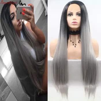 

Silky Straight Synthetic Lace Front Wig Black Omber Siver Grey Heat Resistant Fiber Side Parting Hair For Fashion Women Girl Wig